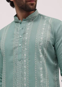 Green Cotton Kurta Set With Resham Work For Men