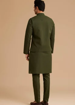 Green Cotton Kurta Set With Embroidered Pocket And Collar