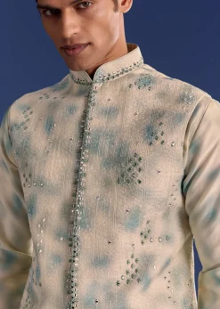 Green Cotton Silk Mirrowork Kurta Jacket Set With Tie Dye Print