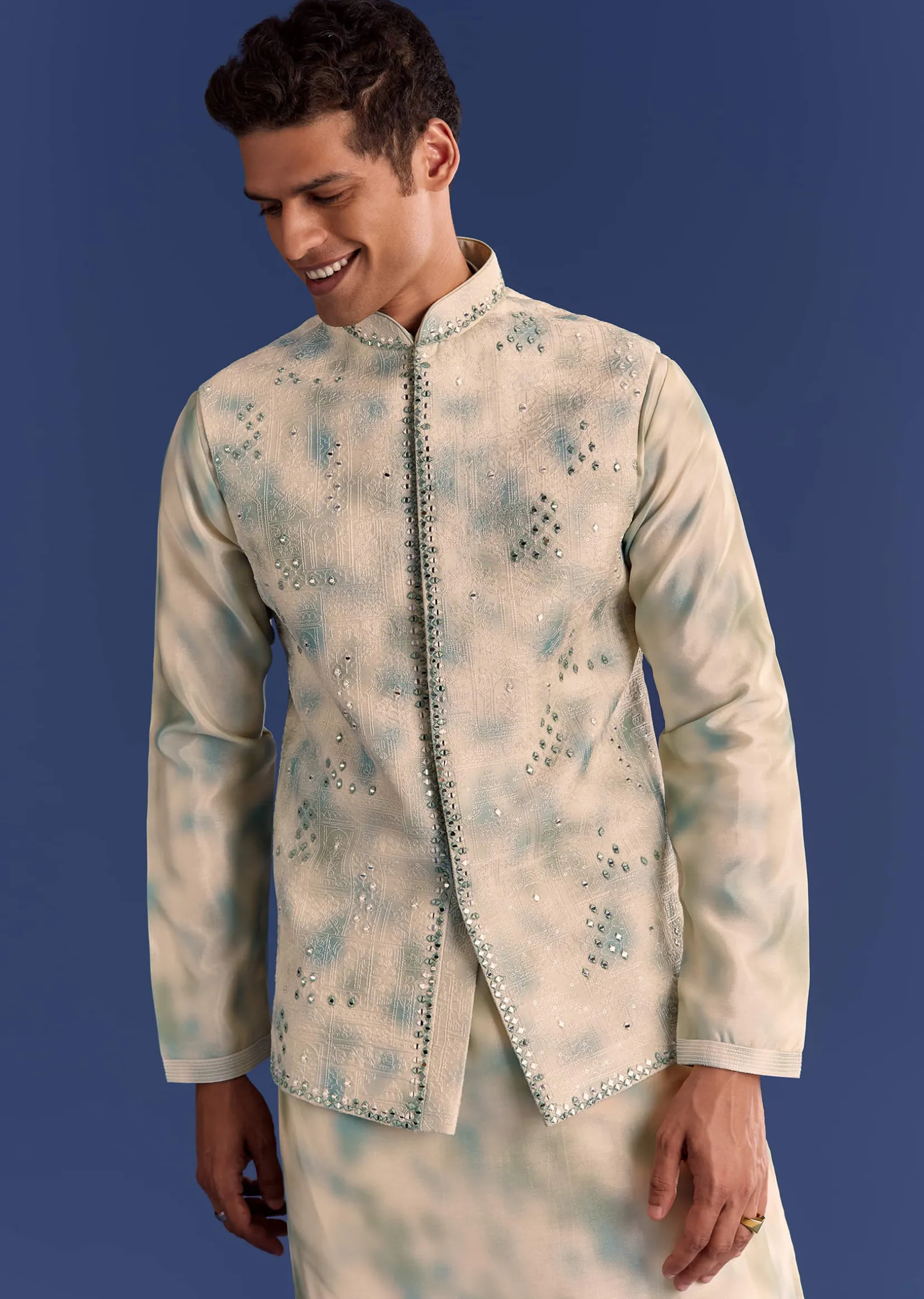 Green Cotton Silk Mirrowork Kurta Jacket Set With Tie Dye Print