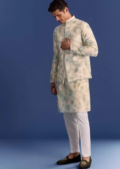 Green Cotton Silk Mirrowork Kurta Jacket Set With Tie Dye Print