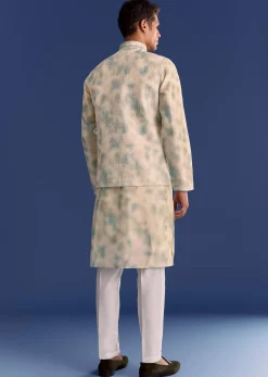 Green Cotton Silk Mirrowork Kurta Jacket Set With Tie Dye Print