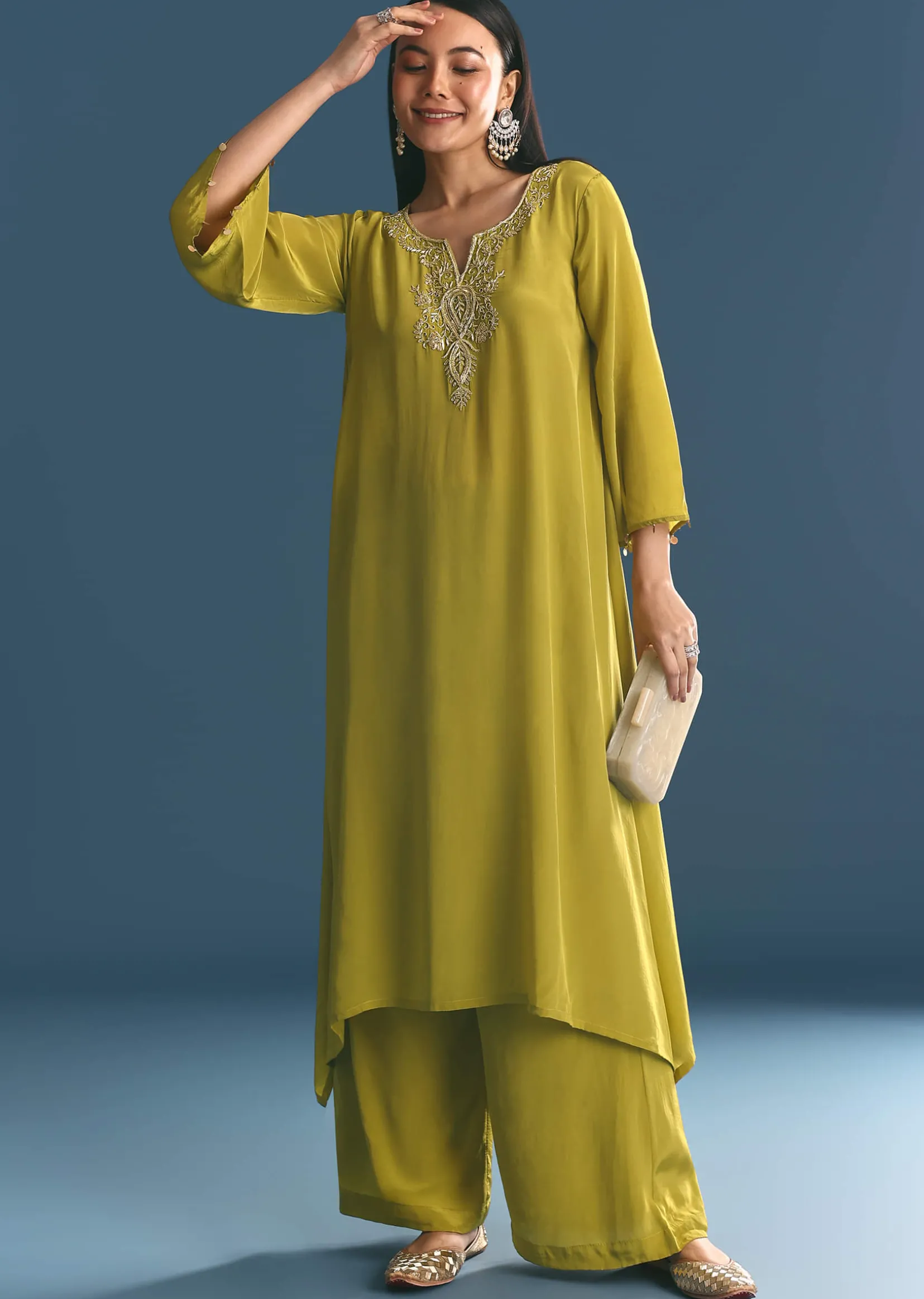 Green Crepe Gold Zardosi Kurta Pant With Dupatta