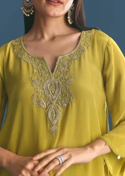 Green Crepe Gold Zardosi Kurta Pant With Dupatta