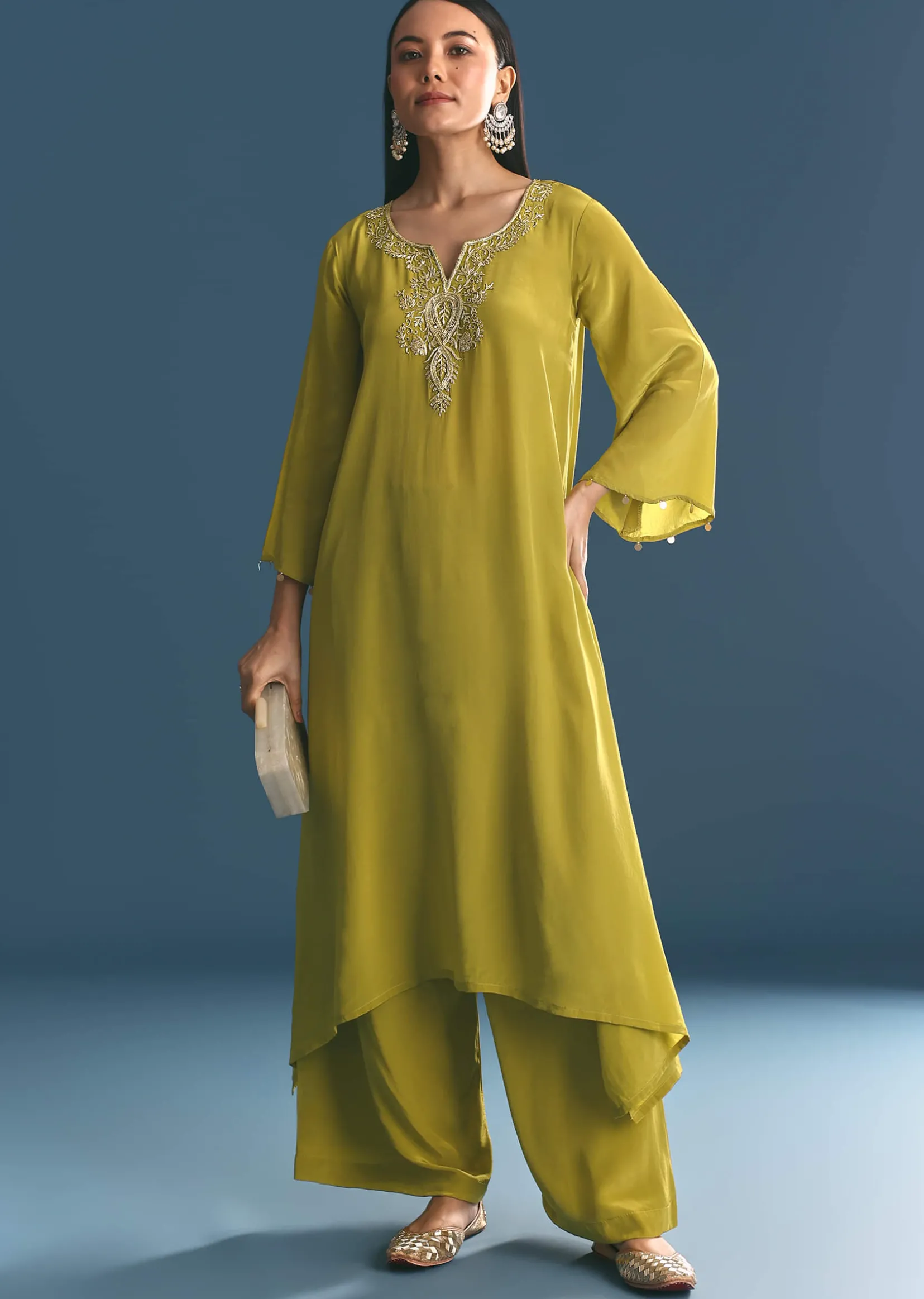 Green Crepe Gold Zardosi Kurta Pant With Dupatta