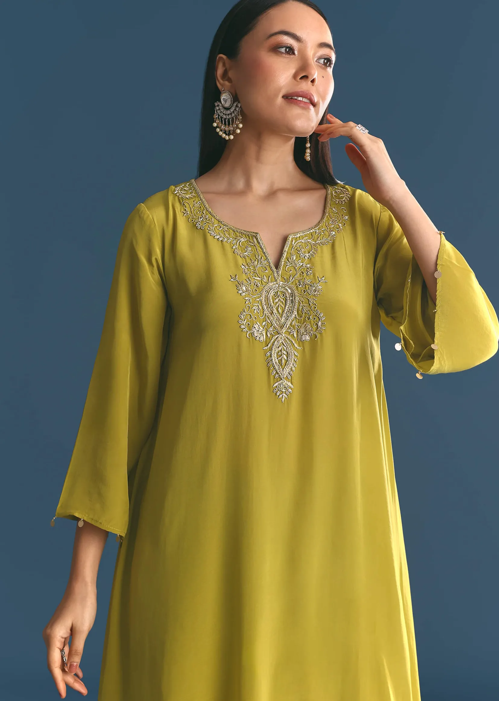 Green Crepe Gold Zardosi Kurta Pant With Dupatta