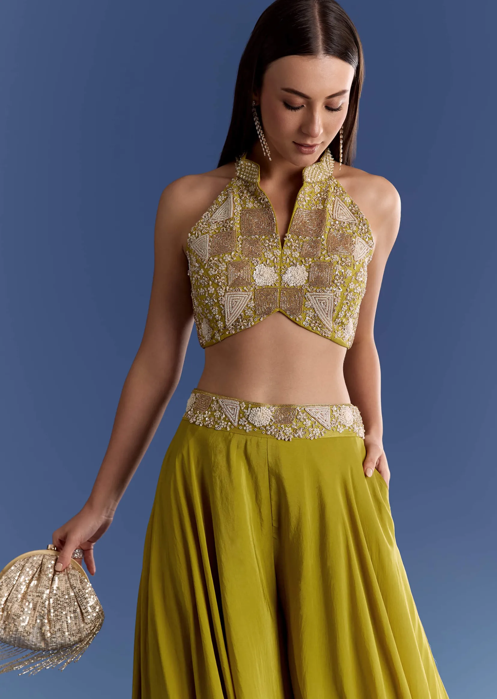 Green Crepe Palazzo Set With Moti And Zardosi Croptop