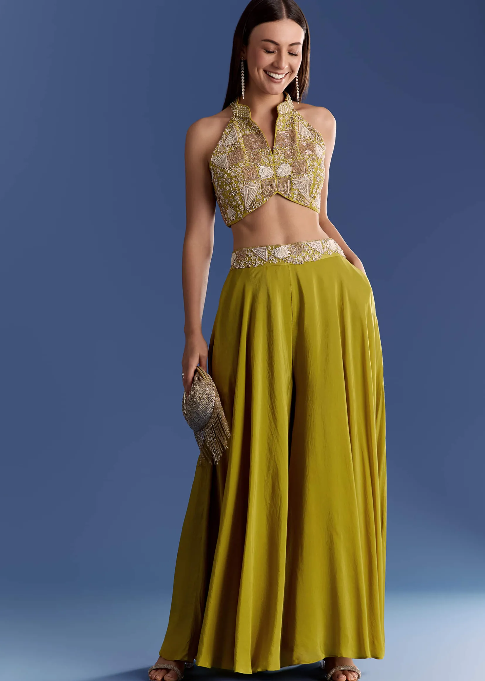 Green Crepe Palazzo Set With Moti And Zardosi Croptop