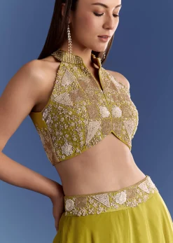 Green Crepe Palazzo Set With Moti And Zardosi Croptop
