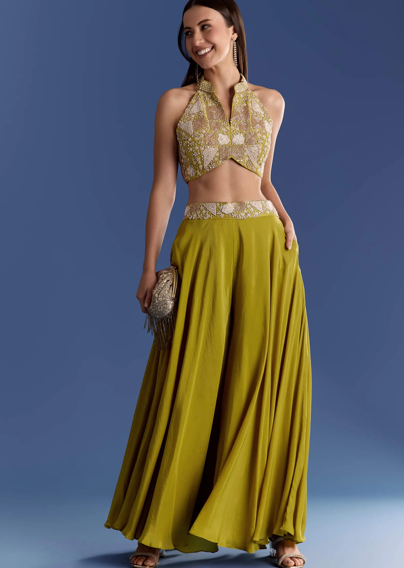 Green Crepe Palazzo Set With Moti And Zardosi Croptop