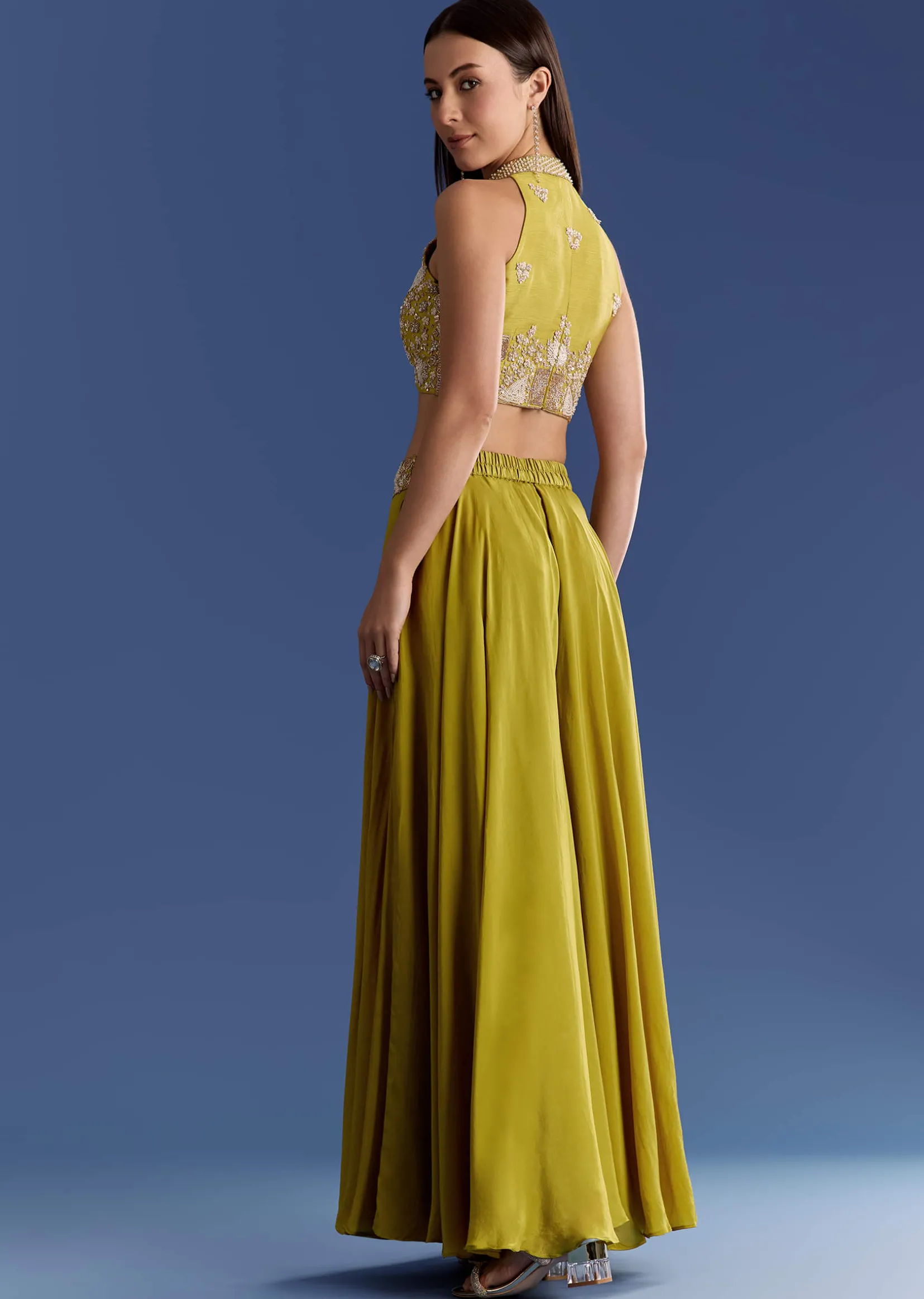 Green Crepe Palazzo Set With Moti And Zardosi Croptop