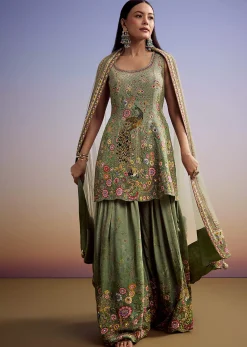 Green Crepe Palazzo Suit With Floral Print And Stone Work