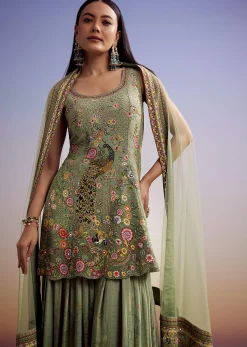 Green Crepe Palazzo Suit With Floral Print And Stone Work