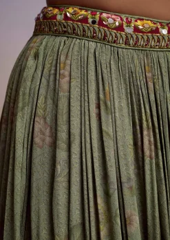 Green Crepe Palazzo Suit With Floral Print And Stone Work