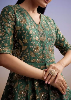 Green Crepe Peplum Crop Top And Palazzo Set With Zardosi Work