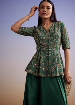 Green Crepe Peplum Crop Top And Palazzo Set With Zardosi Work