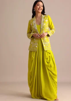 Green Crepe Pleated Gown With Embroidered Jacket