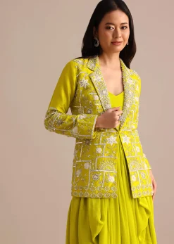 Green Crepe Pleated Gown With Embroidered Jacket