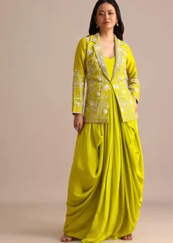 Green Crepe Pleated Gown With Embroidered Jacket