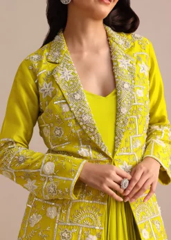 Green Crepe Pleated Gown With Embroidered Jacket