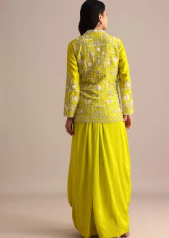 Green Crepe Pleated Gown With Embroidered Jacket