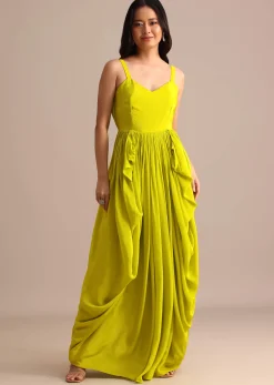 Green Crepe Pleated Gown With Embroidered Jacket