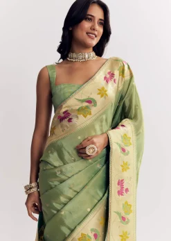 Green Dola Silk Paithani Saree With Dollar Butti And Multicolor Motif