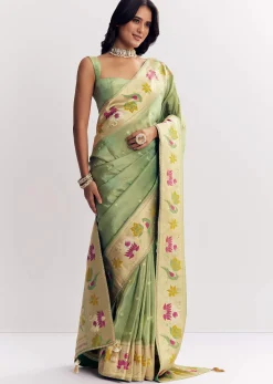 Green Dola Silk Paithani Saree With Dollar Butti And Multicolor Motif