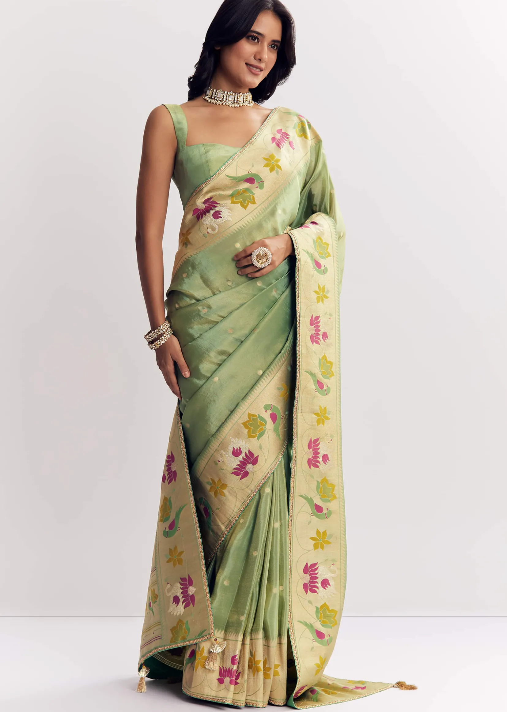 Green Dola Silk Paithani Saree With Dollar Butti And Multicolor Motif