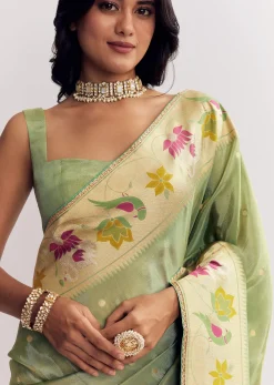 Green Dola Silk Paithani Saree With Dollar Butti And Multicolor Motif