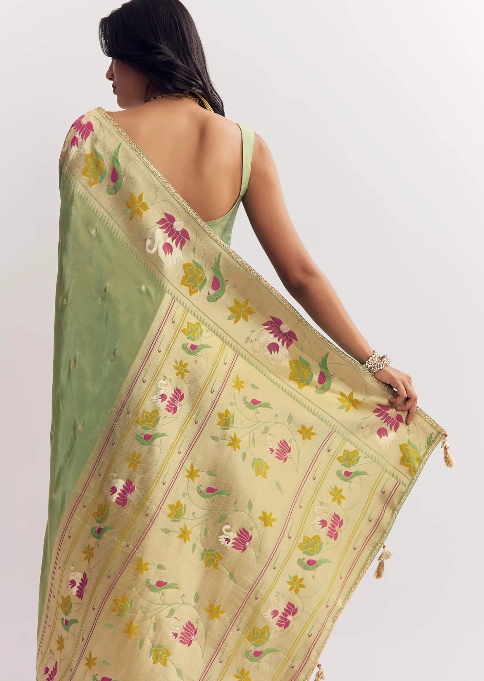Green Dola Silk Paithani Saree With Dollar Butti And Multicolor Motif