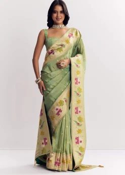 Green Dola Silk Paithani Saree With Dollar Butti And Multicolor Motif
