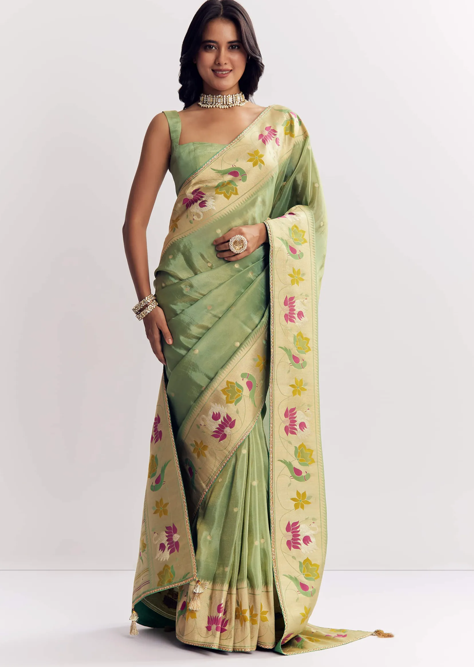 Green Dola Silk Paithani Saree With Dollar Butti And Multicolor Motif