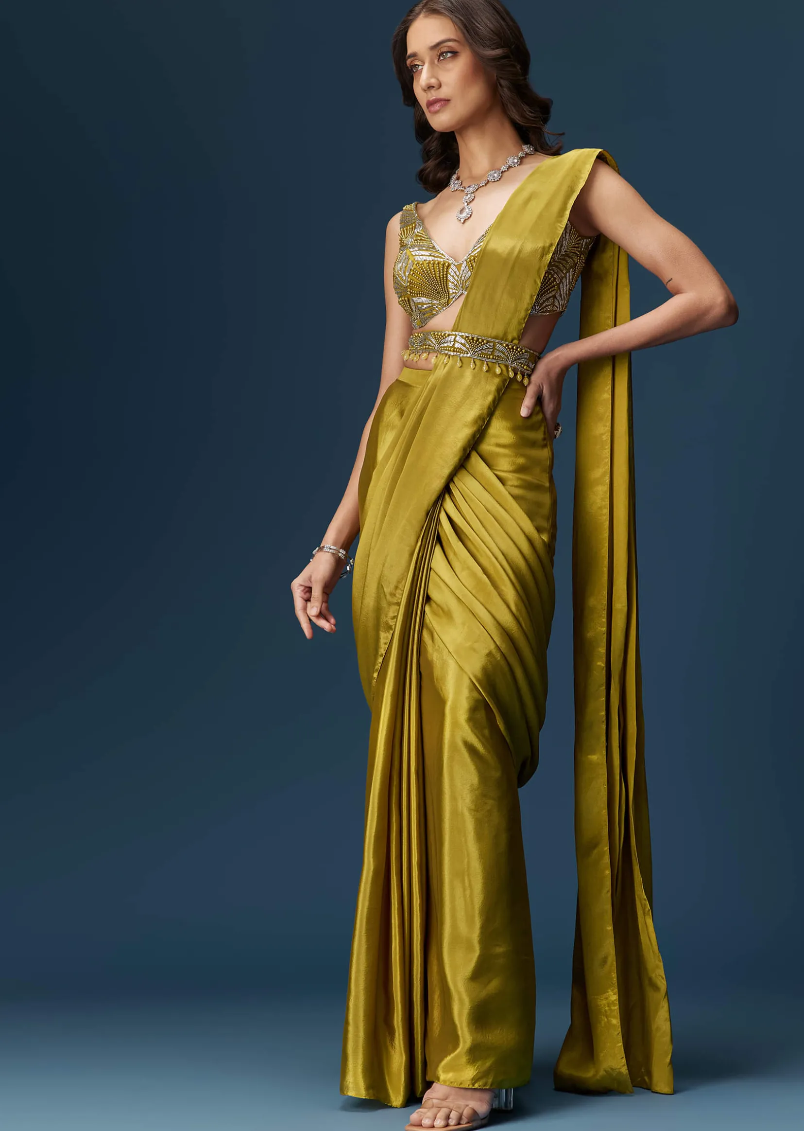 Green Drape Saree With V Neck Blouse And Belt
