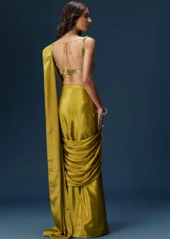 Green Drape Saree With V Neck Blouse And Belt