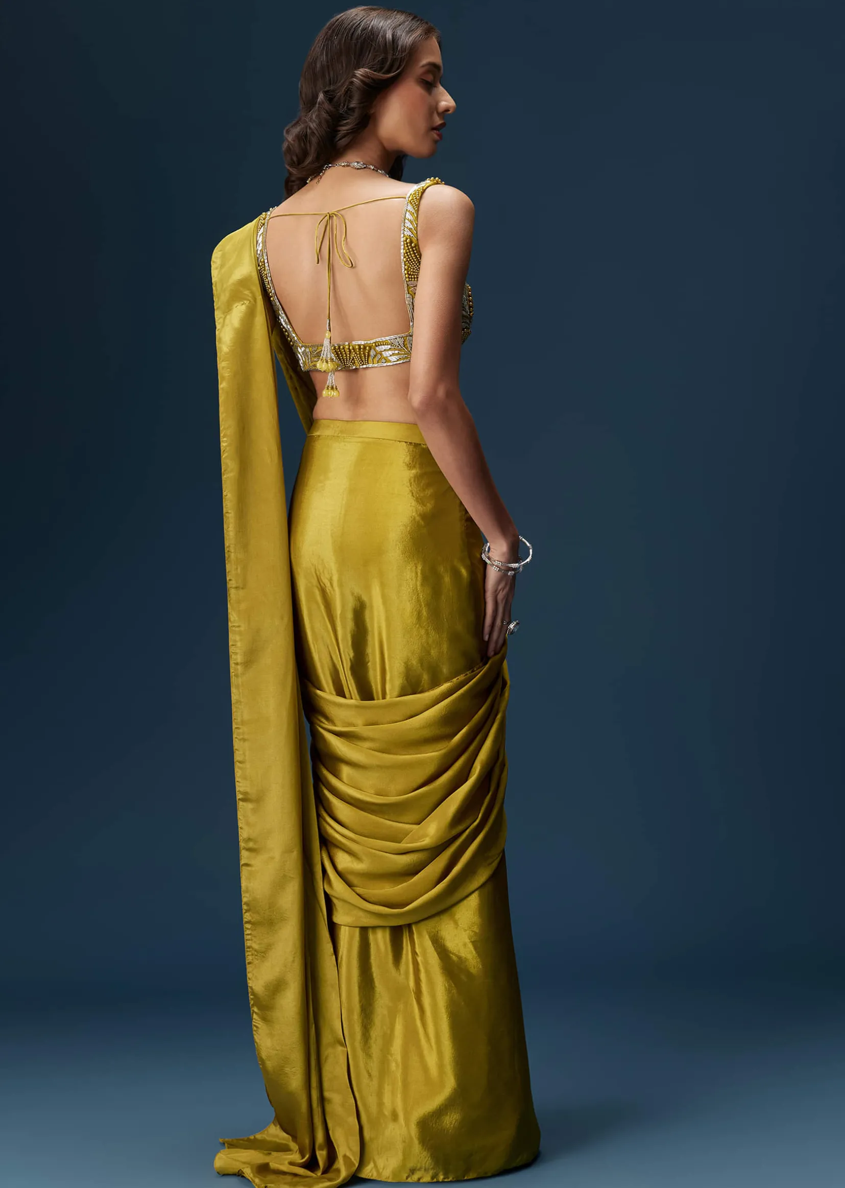 Green Drape Saree With V Neck Blouse And Belt