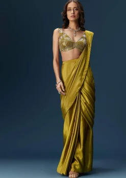 Green Drape Saree With V Neck Blouse And Belt