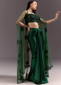 Green Drape Skirt Patched Jacket Set With Square Neck Blouse