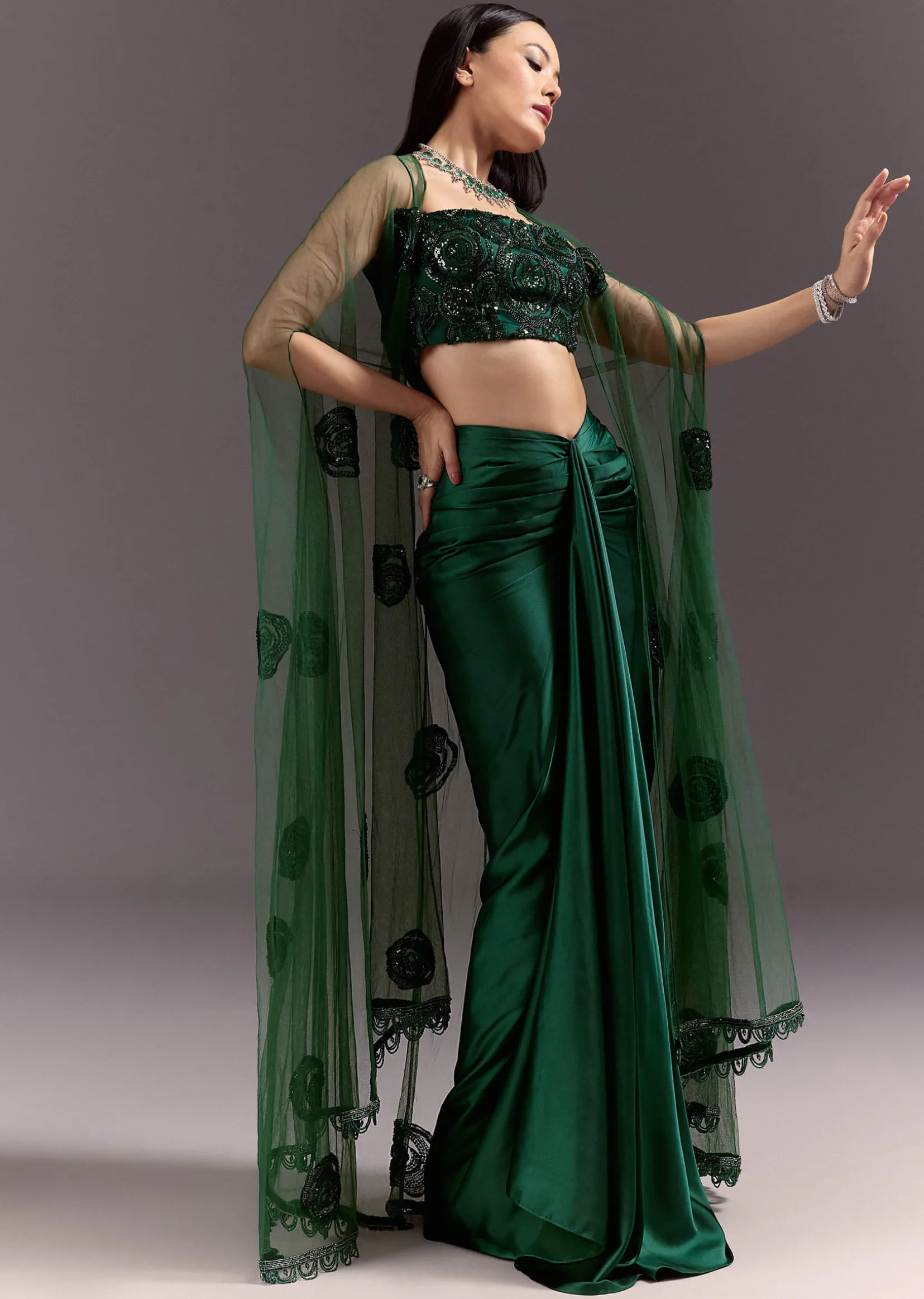 Green Drape Skirt Patched Jacket Set With Square Neck Blouse