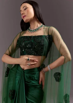 Green Drape Skirt Patched Jacket Set With Square Neck Blouse