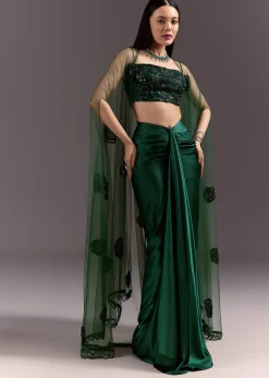 Green Drape Skirt Patched Jacket Set With Square Neck Blouse