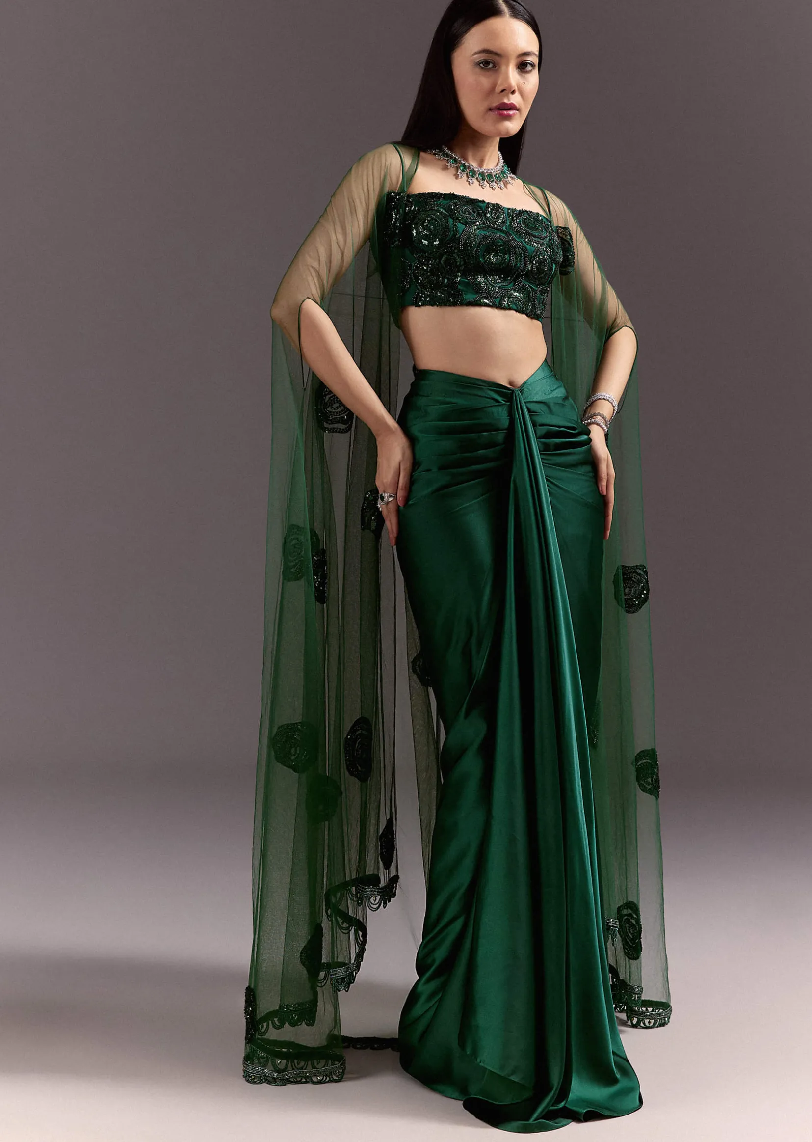 Green Drape Skirt Patched Jacket Set With Square Neck Blouse