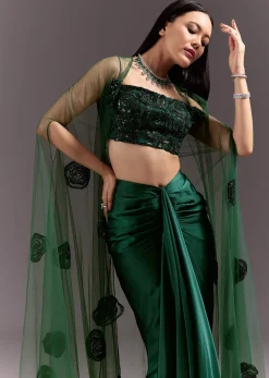 Green Drape Skirt Patched Jacket Set With Square Neck Blouse