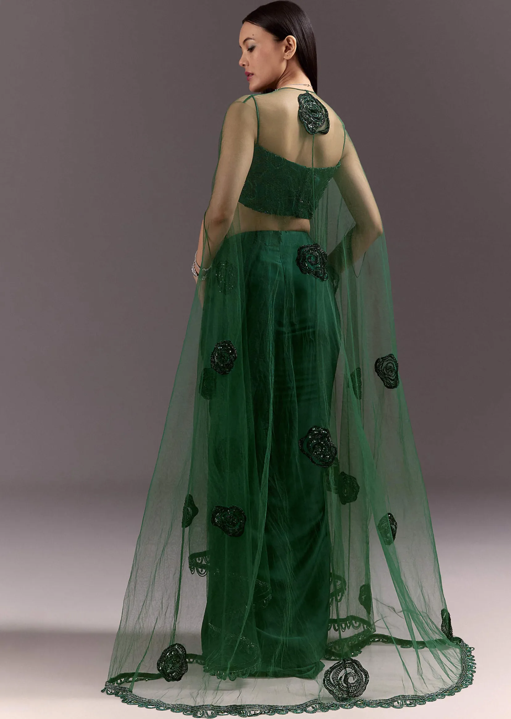 Green Drape Skirt Patched Jacket Set With Square Neck Blouse