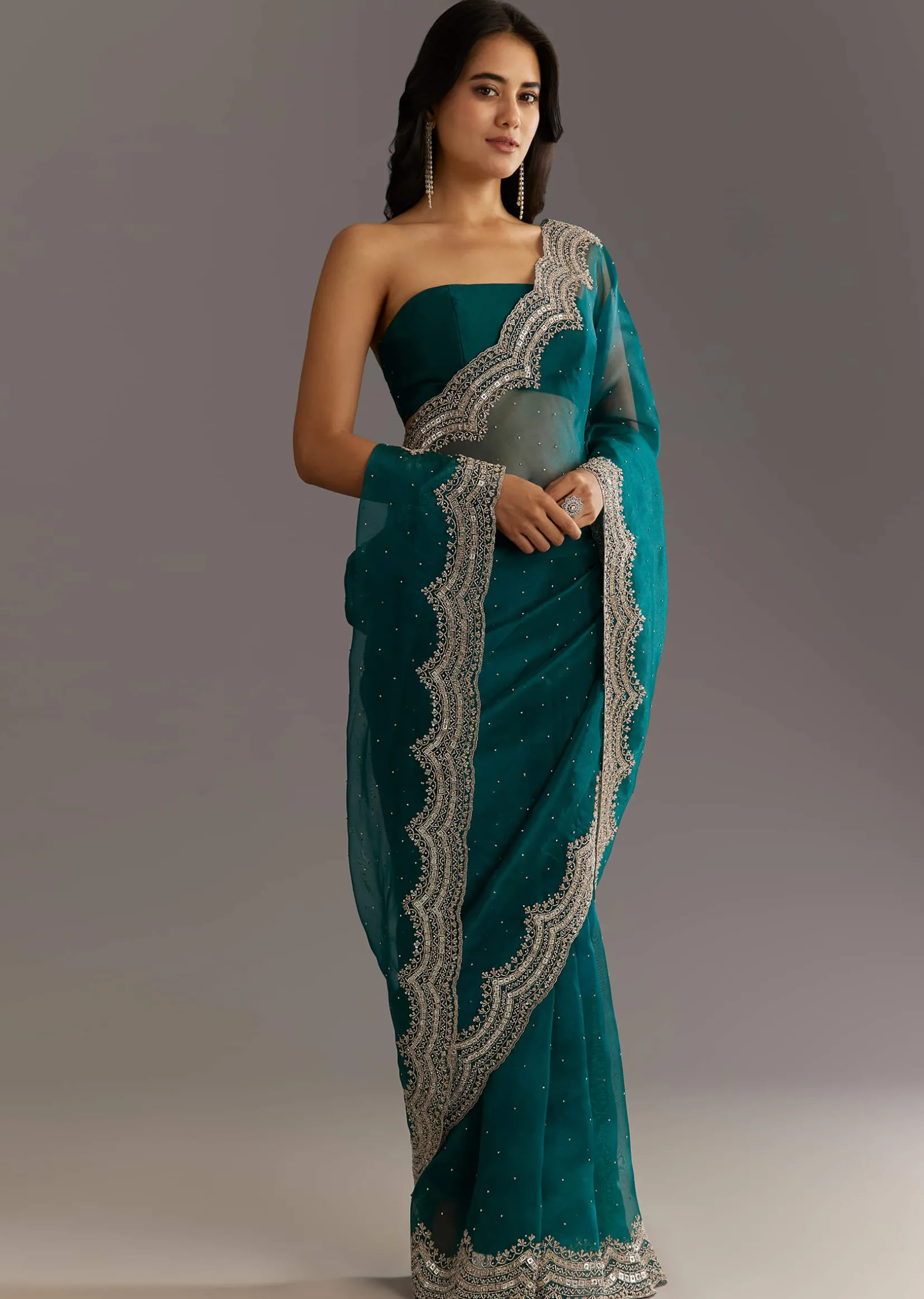 Green Embellished Tissue Saree With Embroidered Cutdana Sequin Border