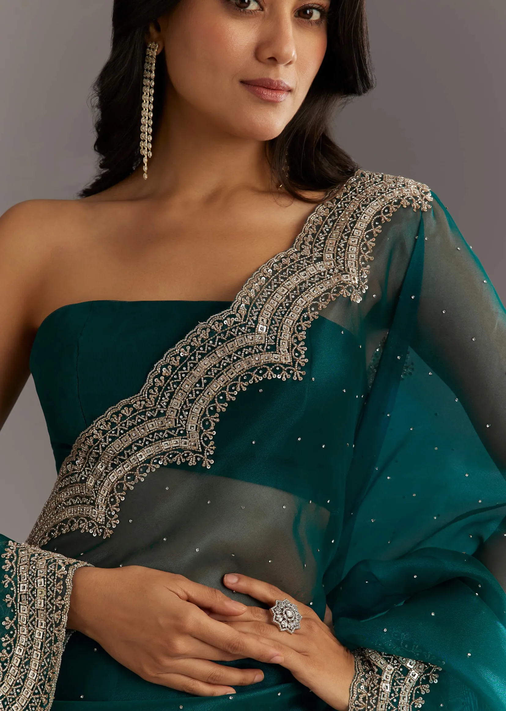Green Embellished Tissue Saree With Embroidered Cutdana Sequin Border