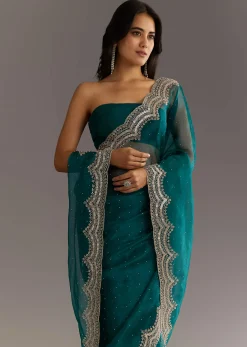 Green Embellished Tissue Saree With Embroidered Cutdana Sequin Border