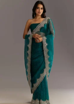 Green Embellished Tissue Saree With Embroidered Cutdana Sequin Border