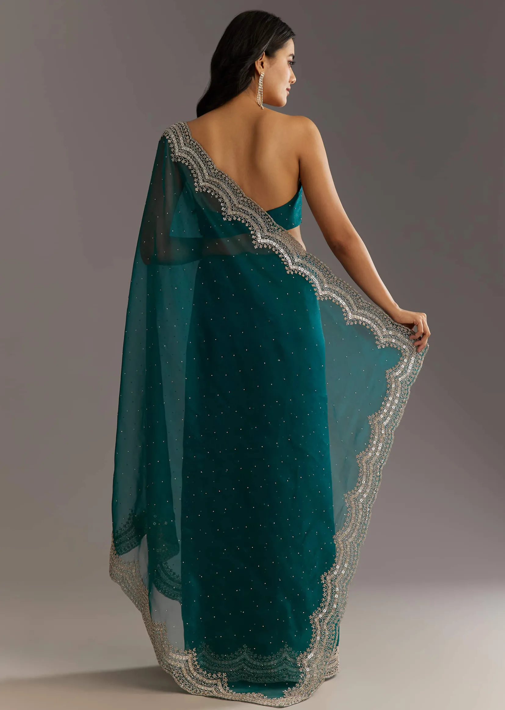 Green Embellished Tissue Saree With Embroidered Cutdana Sequin Border