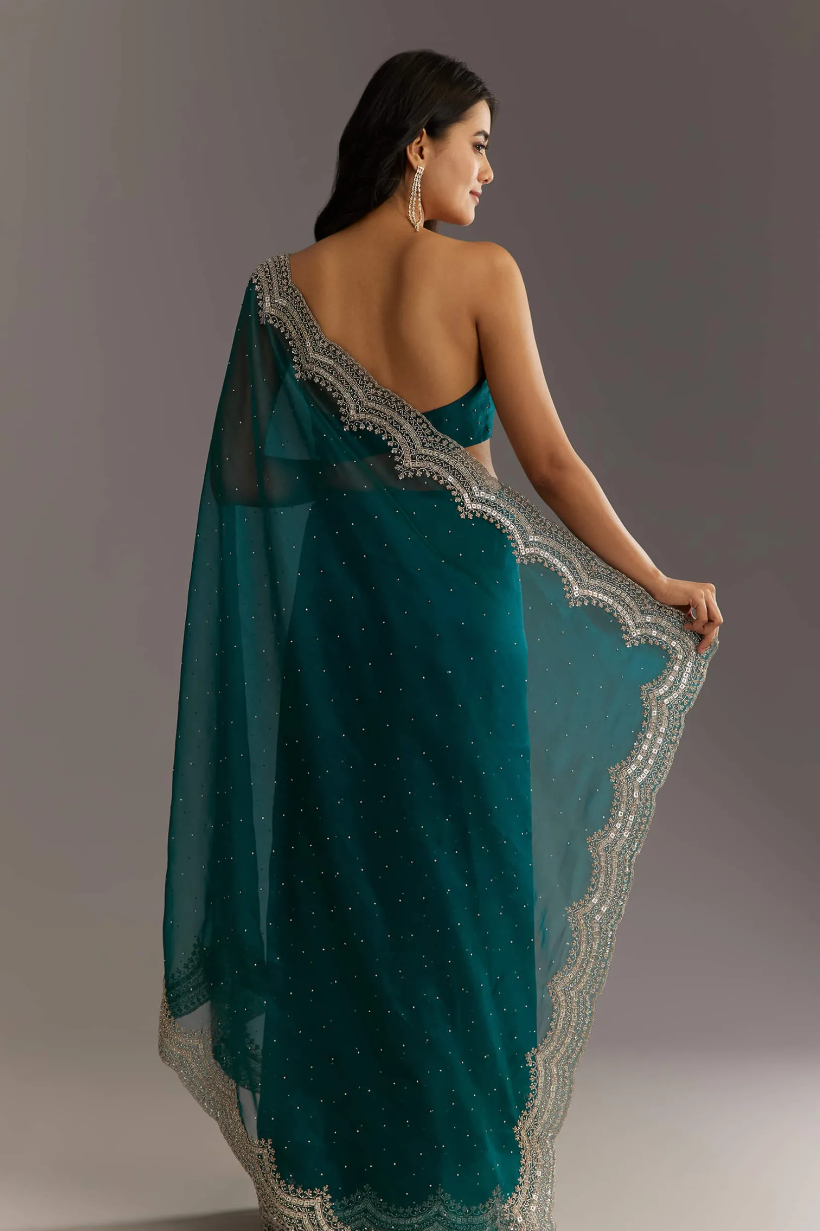 Green Embellished Tissue Saree With Embroidered Cutdana Sequin Border